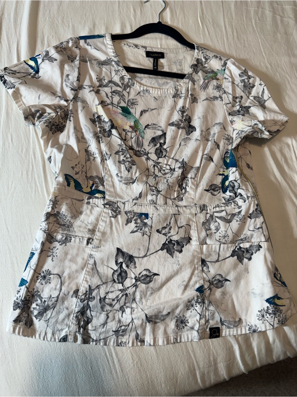 Jaanuu White Floral & Bird Print Short-Sleeve Tunic